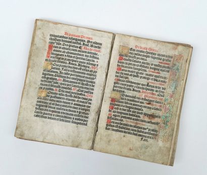  Antique book incomplete, the Latin text printed on parchment and decorated with...