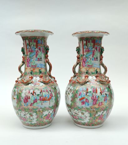 null 
Pair of porcelain VASES of baluster form with polychrome enamelled decoration...