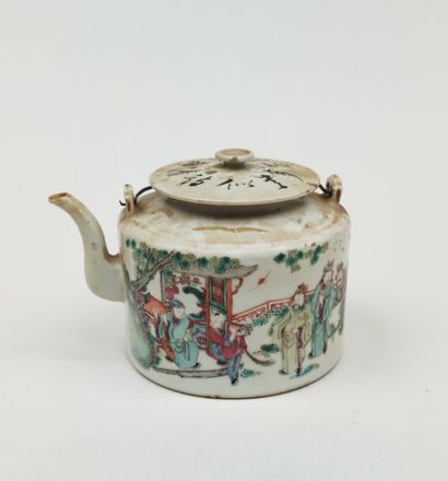 null 
Porcelain teapot of round form with polychrome enamelled decoration of scenes...
