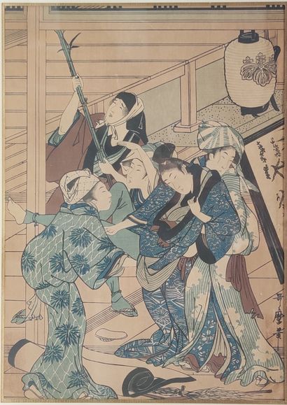 null 
LOT de trois ESTAMPES du JAPON, une d'après : Utamaro
vendues en l'état sous...