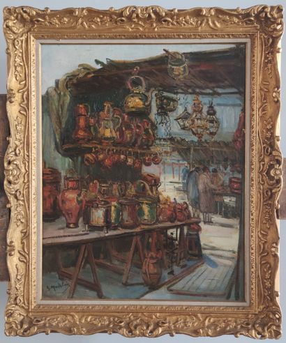  Gustave MADELAIN (1867-1944) The Flea Market Oil on canvas signed lower left 81...