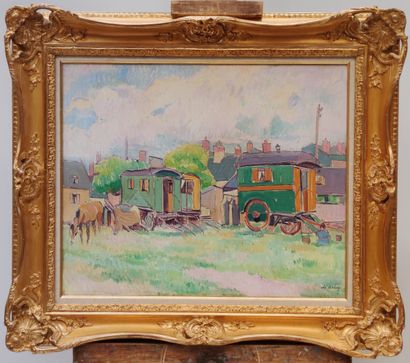 null 
Pierre DE BELAY (1890-1947)




Les roulottes dans le pré 




Huile sur toile...