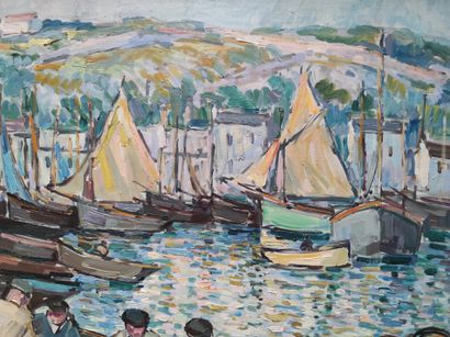  Pierre DE BELAY (1890-1947) 
Fishermen and Sailboats in the Port in Brittany, 1928...