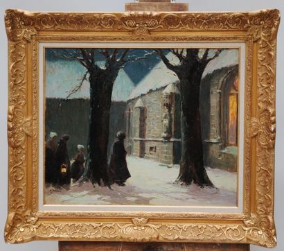null 
André WILDER (1871-1965) 


L'arrivée des fidèles à l'eglise en hiver 

Huile...