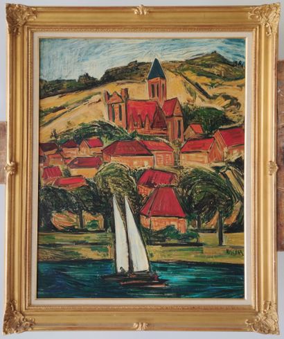 null Isis KISCHKA (1908-1973) 

Sailing boat near the village with red roofs 

Oil...