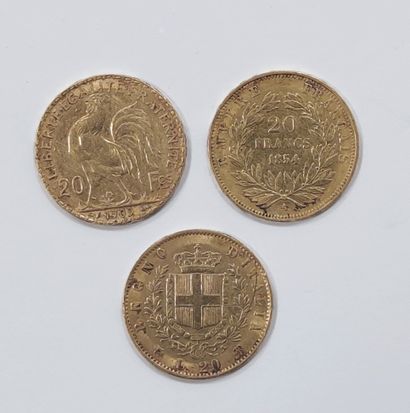 null 
LOT de 3 pièces en or : 

2 pièces de 20 francs or France 1854 et 1909

1 pièce...