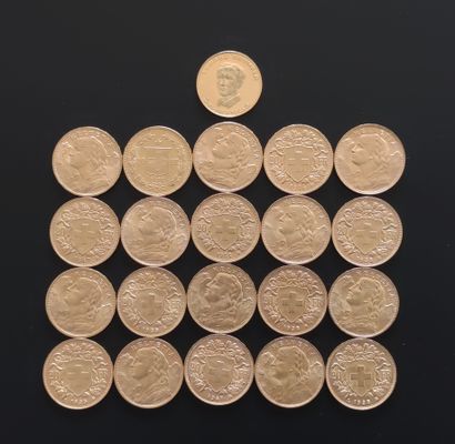  Ensemble de 20 pièces de 20 francs en or Suisse FRAIS DE VENTE POUR CE LOT : 10...