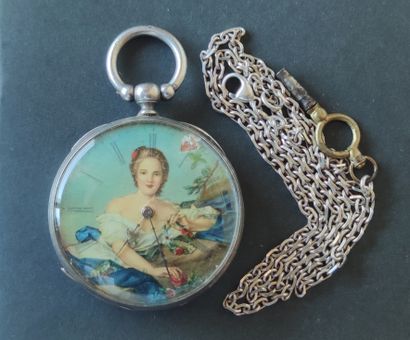 null Silver pocket watch (accident on the dial) and silver metal chain Weight: 73...