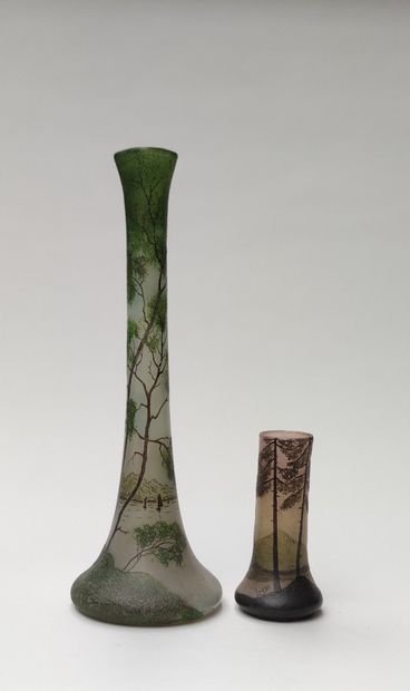 null LOT de deux vases soliflores en verrerie gravée à l'acide à décor de paysages...