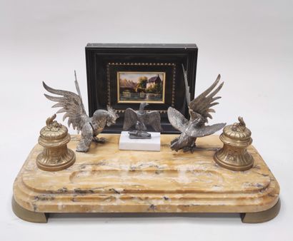 LOT including a large brown marble inkwell...