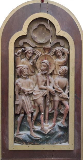 null 
Alabaster plaque carved in high relief with polychrome and gilding highlights...