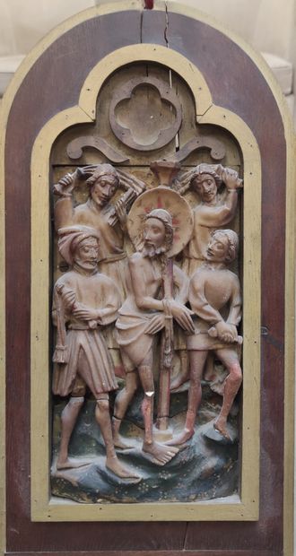 null 
Alabaster plaque carved in high relief with polychrome and gilding highlights...