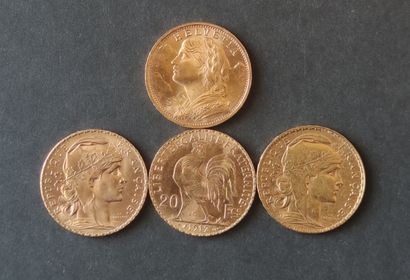 null 
LOT of four 20 Francs gold coins France SALE CHARGES FOR THIS LOT : 10 % TTC...