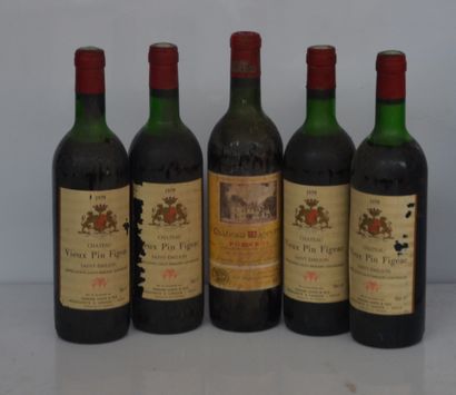 null 5 bouteilles : 4 CHT VIEUX PIN FIGEAC 1979 (légèrement bas), 1 CHT MAZEIRES...
