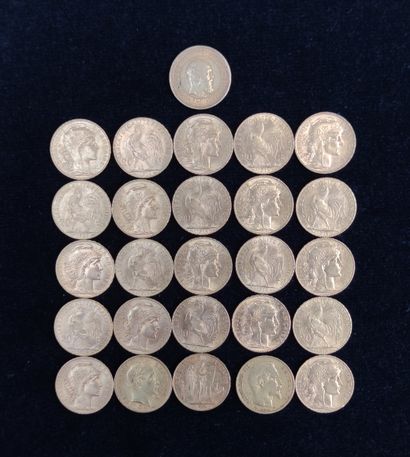  ENSEMBLE de vingt-cinq PIECES en or de 20 Francs France (deux Napoléon III, une...