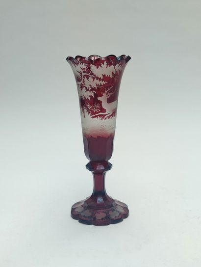 null VASE in Bohemian crystal of two colors: red and satin with decoration of a stag...