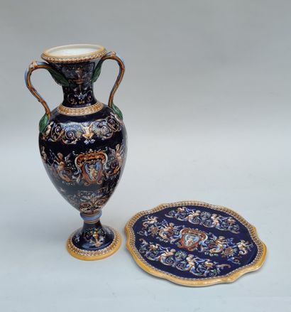 null VASE of baluster form with handles and its PRESENTOIR in fine earthenware enamelled...
