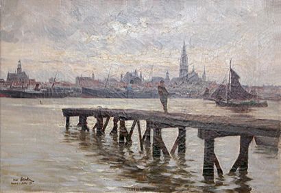 Henri SAINTIN (1846-1899) Port d'Anvers, juillet 92. Huile sur toile signée, située...