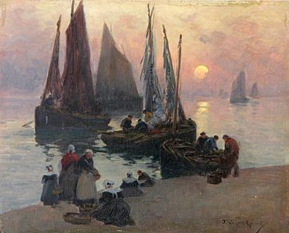 Fernand LEGOUT-GERARD (1856-1924) Retour de pêche au couchant, en Bretagne. Huile...