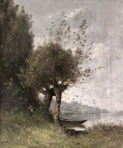 Paul-Désiré TROUILLEBERT (1829-1900) Paysanne en bord de rivière. Huile sur toile...