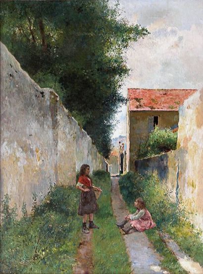 Luis JIMÉNEZ y ARANDA (1845-1928) Deux fillettes dans une allée à Pontoise, 1913....