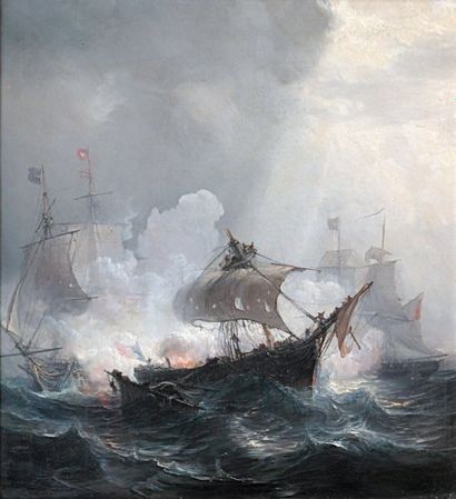 Théodore GUDIN (1802-1880) Combat naval entre trois voiliers. Huile sur toile signée...
