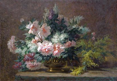 Paul BIVA (1851-1900) Pivoines et mimosa dans un vase en cuivre. Huile sur toile...