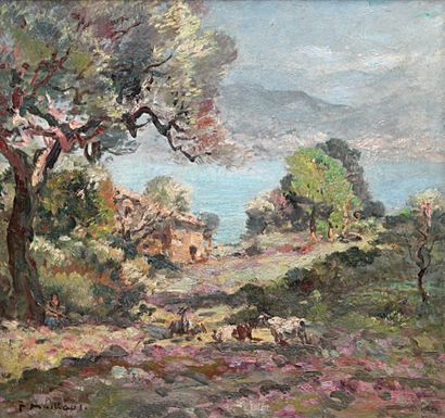 Fernand MAILLAUD (1862-1948) Bord de mer en Provence. Huile sur panneau signé en...