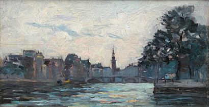 Emmanuel de la VILLÉON (1858-1944) Port d'Amsterdam, 89. Huile sur panneau signé...