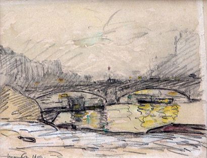 Maxime MAUFRA (1861-1918) Pont sur la Seine à Paris, 1900. Dessin au fusain et rehauts...