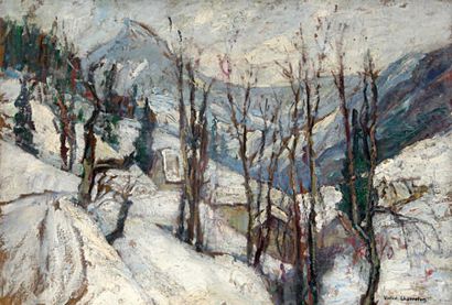 Victor CHARRETON (1864-1936) Vallée enneigée. Huile sur toile signée en bas à droite....