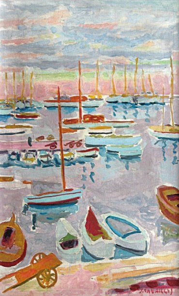 Jules CAVAILLES (1901-1977) Vue du port de Cannes. Huile sur toile signée en bas...