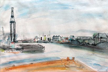 Henri HAYDEN (1883-1970) Le port de Cherbourg, 1949. Aquarelle et encre de Chine...