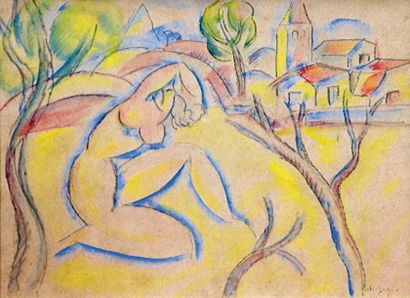 CELSO LAGAR (1891-1966) Femme nue dans un paysage, 1919. Aquarelle signée et datée...
