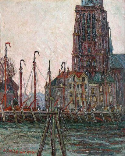 André WILDER (1871-1965) Bruges, le port et la cathédrale, 1905. Huile sur toile...