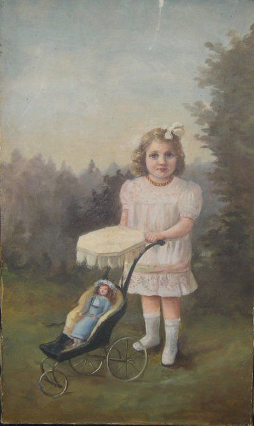 null "La promenade de la poupée ", charmante huile sur toile non signée (circa 1900)...