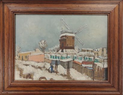 null 
french school of the xxth century
The mill of the galette under the snow
Oil...