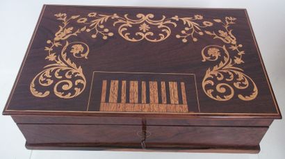  Wooden box and light wood marquetry containing a sewing kit. Complete ,Metal and...