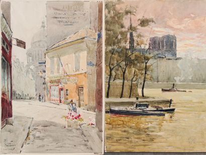  René LEVERD (1872-1938) Bateaux à vapeur sur la Seine auprès de Notre-Dame. Aquarelle...