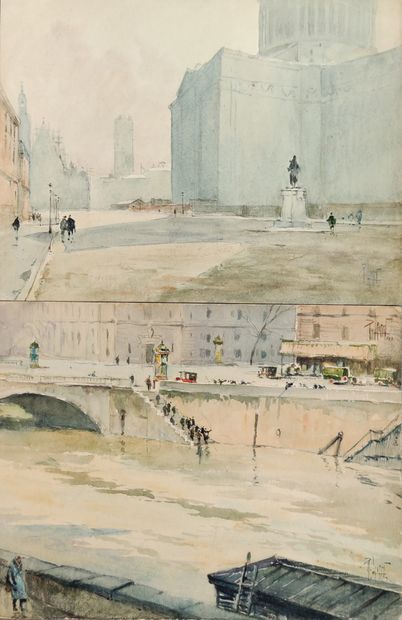  René LEVERD (1872-1938) Promeneurs auprès du pont Saint-Michel à Paris, 1923. Aquarelle...