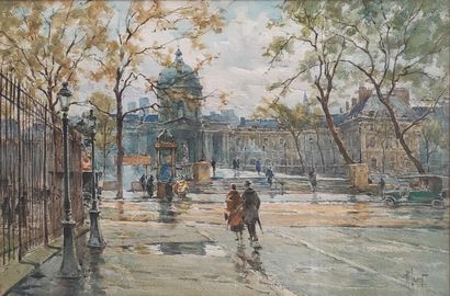  René LEVERD (1872-1938) Promeneurs, vieille voiture et colonne Morris sur la place...