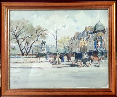  René LEVERD (1872-1938) Les amateurs de bouquinistes sur le quai à Paris. Calèches,...