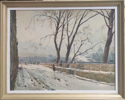  René LEVERD (1872-1938) Calèche et promeneuses au quai de Bourbon à Paris en hiver ...
