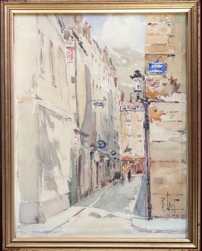  René LEVERD (1872-1938) La vieille rue Budé à Paris, 1914 Promeneurs et vieilles...
