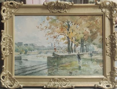  René LEVERD (1872-1938) Promenade sur les quais de Seine en Automne  aquarelle signée...