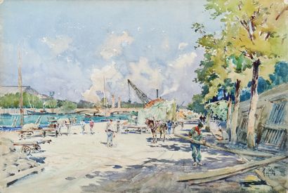  René LEVERD (1872-1938) Ouvriers et attelages sur le quai de Seine auprès du pont...
