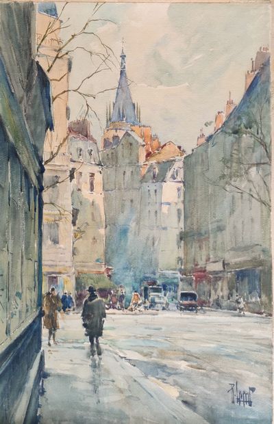  René LEVERD (1872-1938)   La Rue Saint-Séverin animée. Aquarelle sur papier contre...