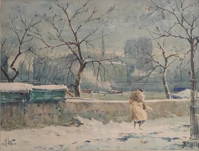 null 
René LEVERD (1872-1938)



Promeneuse et bateau vapeur en hiver auprès de Notre-Dame...