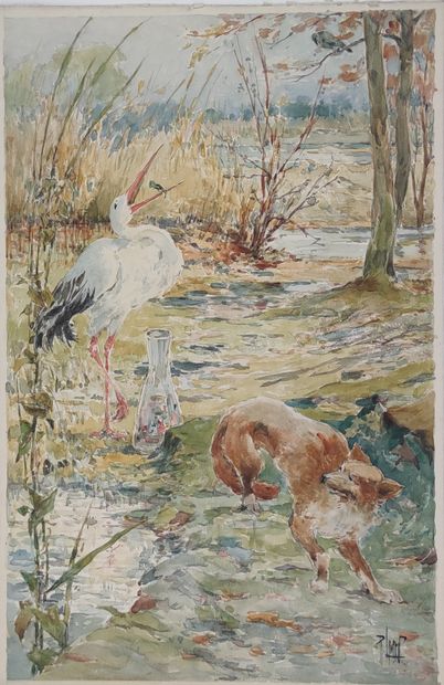 null 
René LEVERD (1872-1938) 



Fable de La Fontaine, le renard et la cigogne.

Aquarelle...
