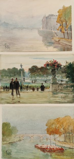  René LEVERD (1872-1938) Animations dans les jardins du Luxembourg à Paris. Aquarelle...